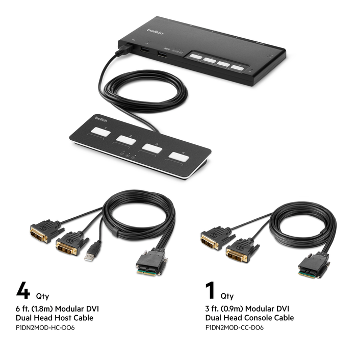 Belkin 4-Port Dual Head DVI Modular Secure KVM Switch PP4.0 W/Remote – cables incl.